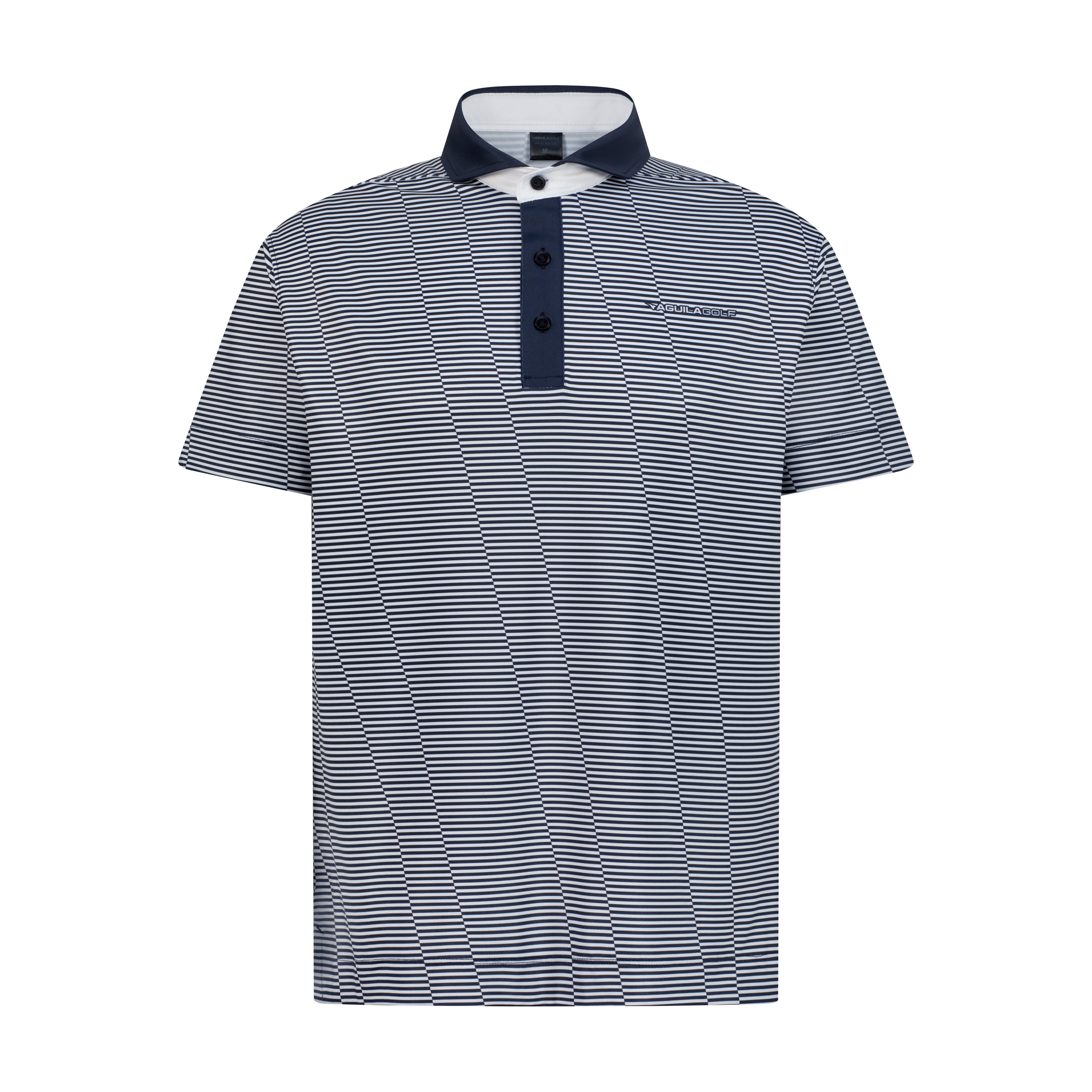 AGUILA GOLF men’s striped performance polo shirt with navy contrast collar and moisture-wicking fabric